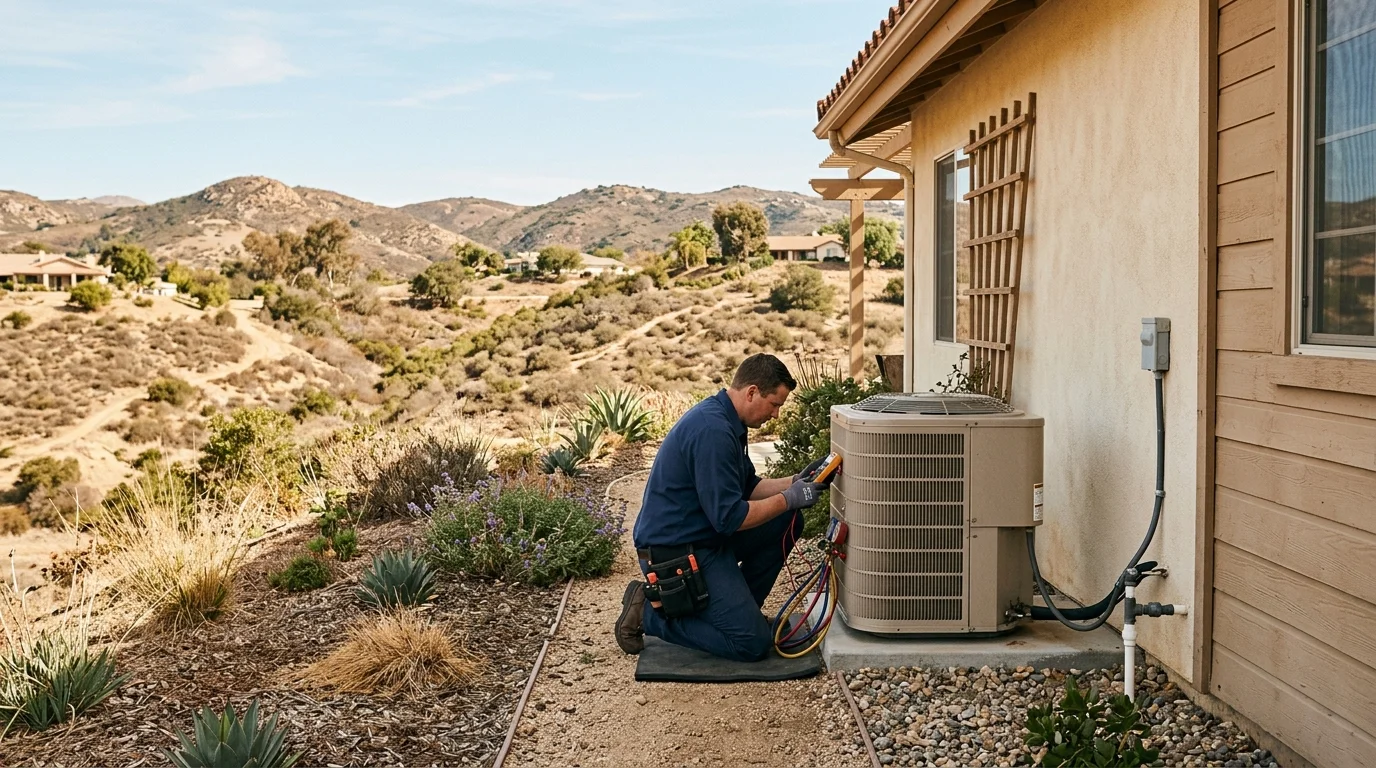 Technician inspecting an outdoor heat pump beside a dry-landscaped Valley Center home