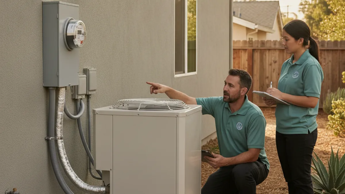 An all-electric heat pump outdoor unit next to a San Diego home's electrical meter