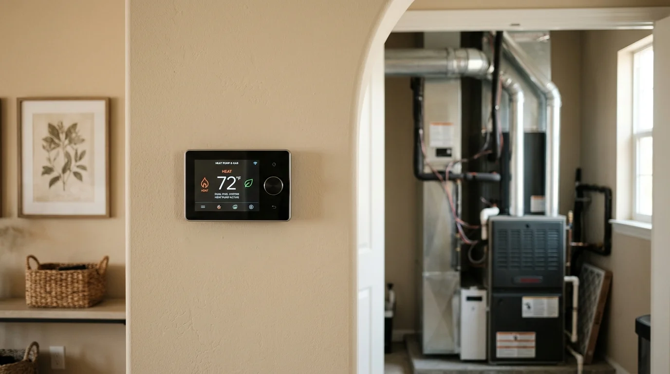 Heat-pump-compatible thermostat on a wall with indoor HVAC equipment softly visible behind it