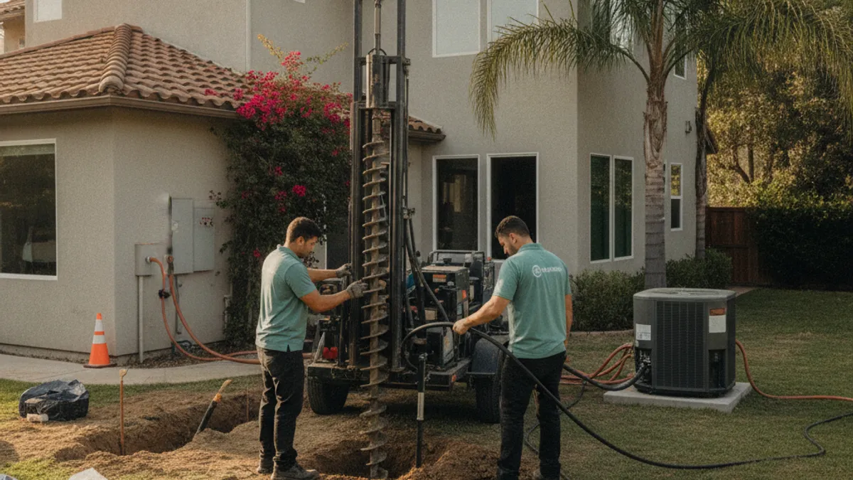 A San Diego backyard with a small drilling rig for a ground-source heat pump loop