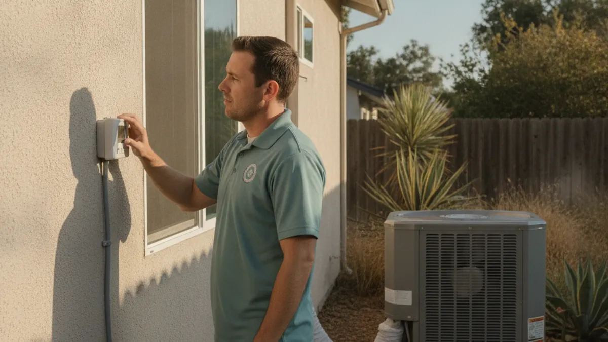 A homeowner checking the thermostat while a heat pump outdoor unit runs in a San Diego side yard