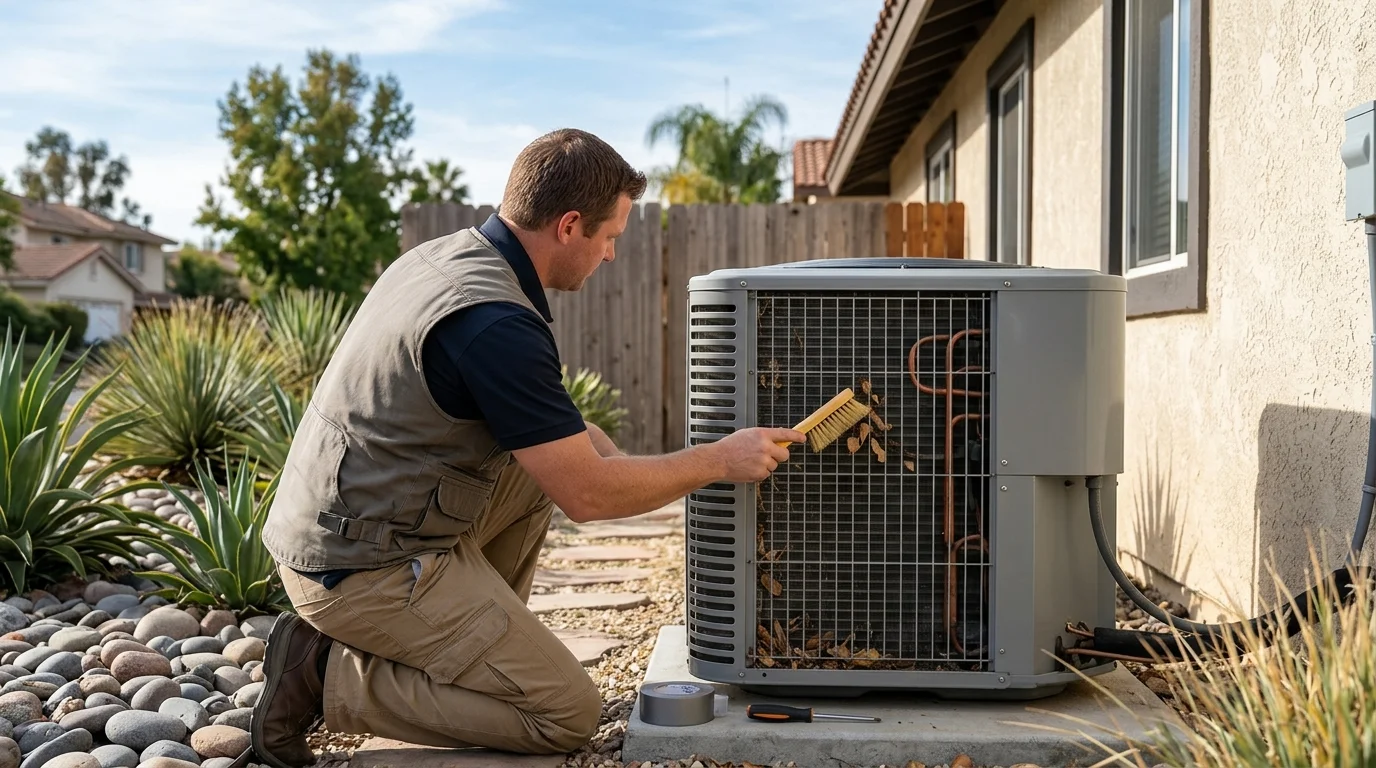 Technician cleaning an indoor heat pump coil in a San Diego utility closet