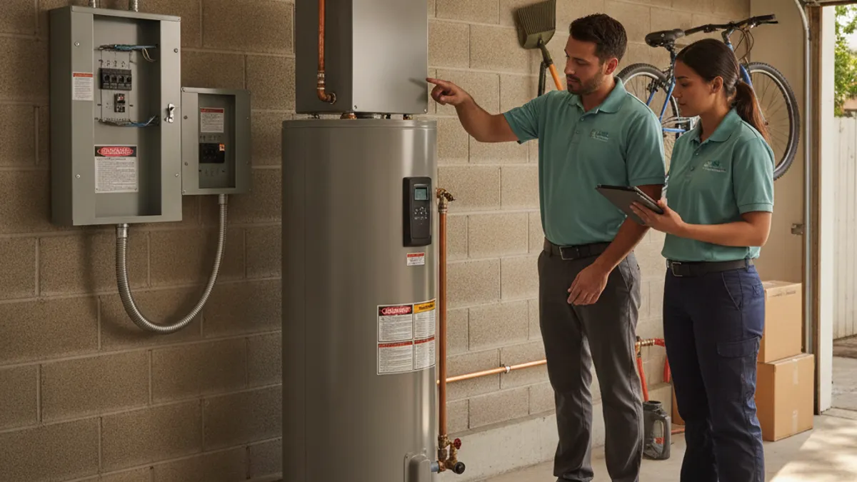 A heat pump water heater installed in a San Diego garage next to the electrical panel