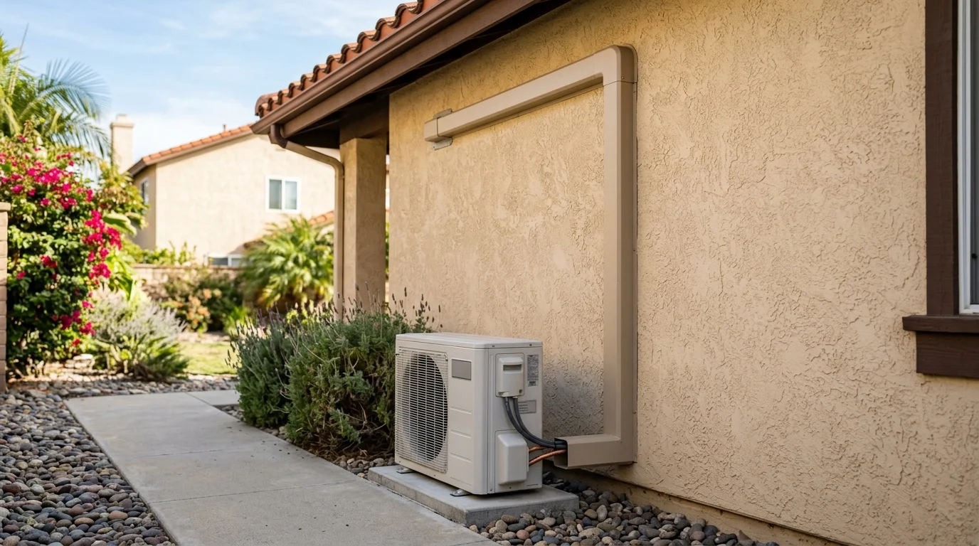 Outdoor mini split condenser on a stucco San Diego home with a covered line running toward an indoor head