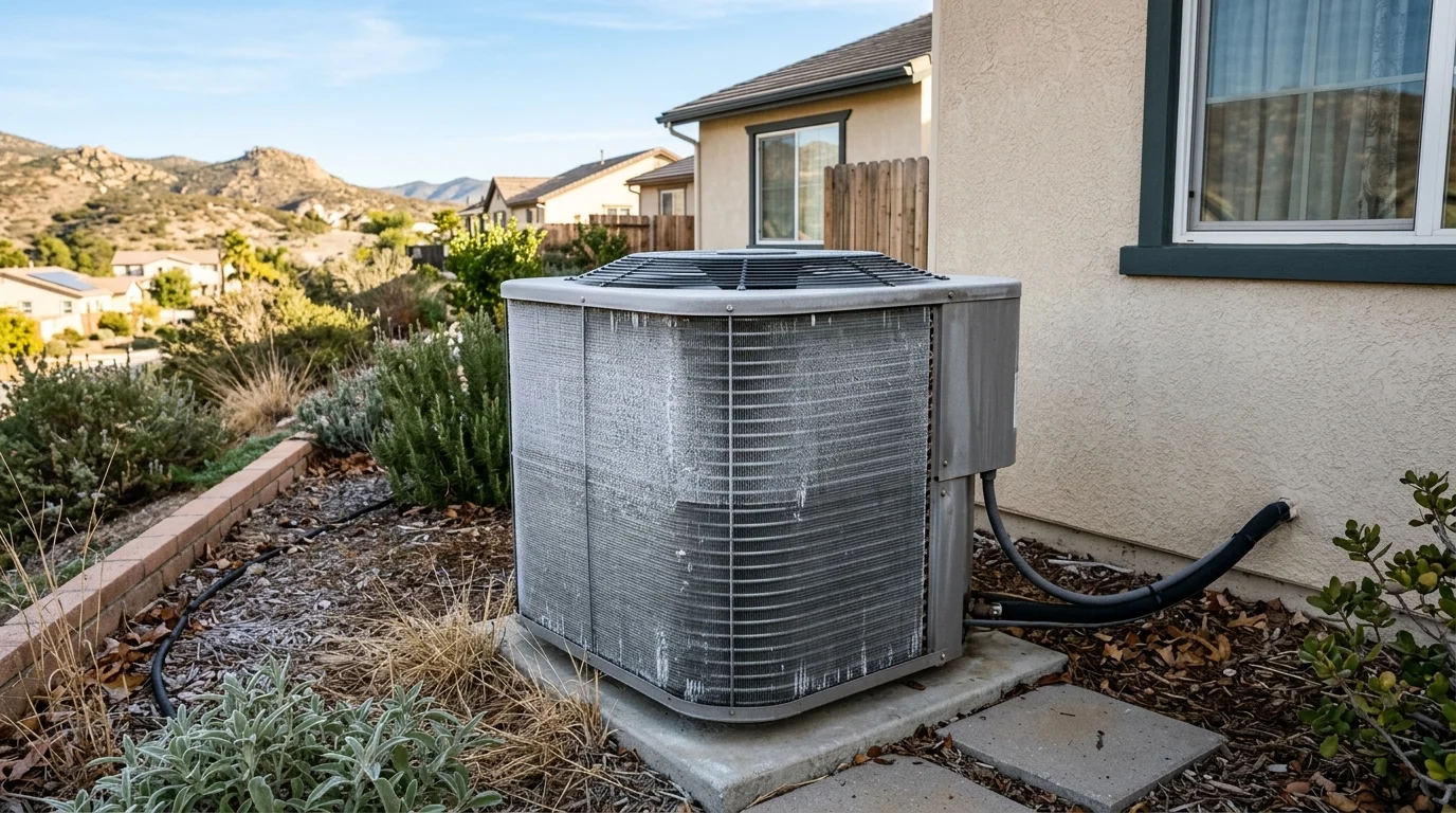 Light frost on the fins of a residential outdoor heat pump on a clear inland San Diego morning
