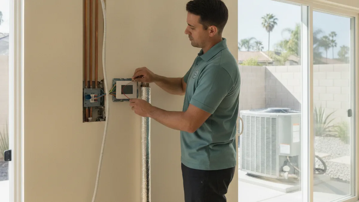 A new heat-pump-compatible smart thermostat being installed on a wall in a San Diego home