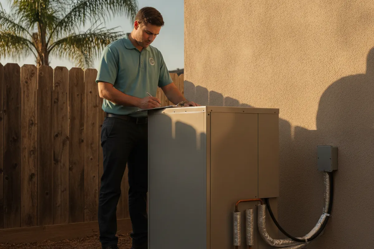 Homeowner and a C-20 HVAC crew foreman reviewing heat pump installation plans at a San Diego County residential property.
