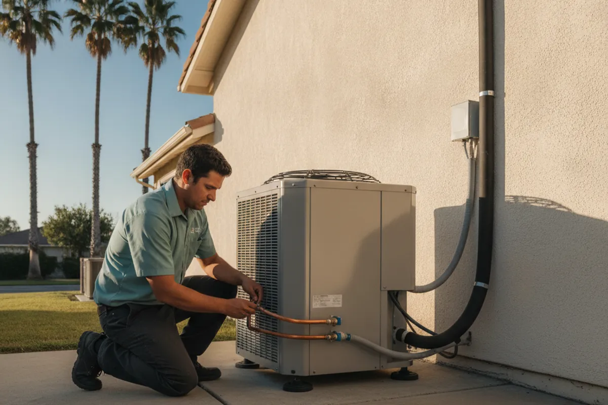 HVAC crew installing a ductless mini-split heat pump on an exterior wall of a San Diego County residential home.