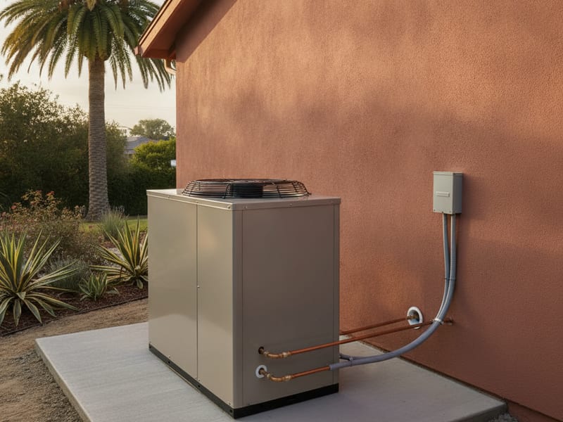 New central heat pump outdoor condenser unit on a concrete pad beside a San Diego County single-family home