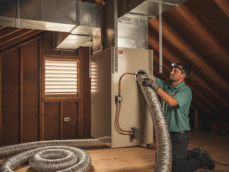 Ducted heat pump air handler installed in a utility closet with supply and return duct connections at a San Diego County home