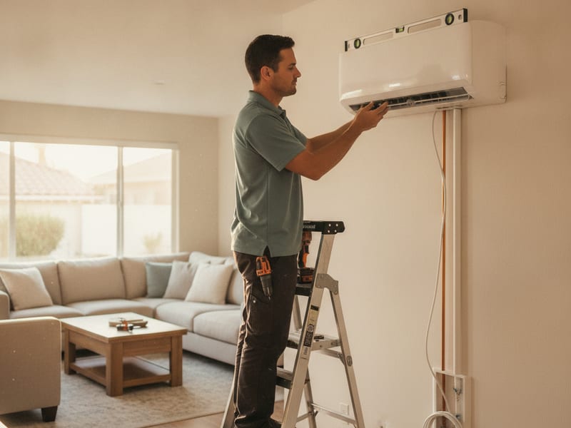 HVAC crew mounting a ductless mini-split indoor head unit on an interior wall in a San Diego County home