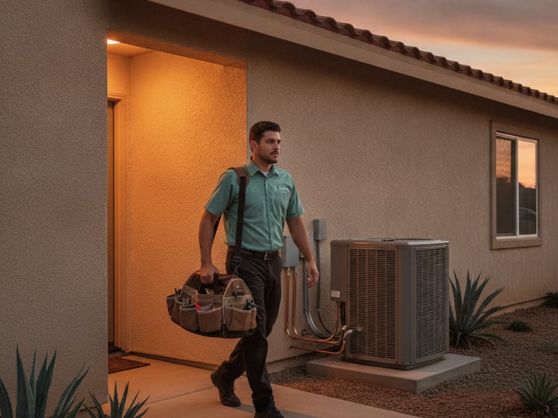 HVAC crew arriving for an emergency heat pump service call at a San Diego County residential home in daylight
