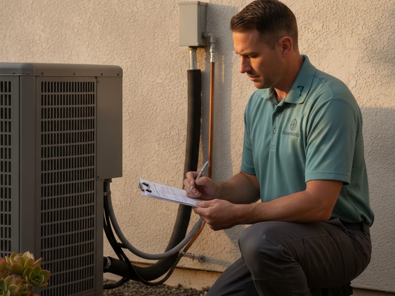HVAC technician documenting heat pump condenser coil condition during a pre-purchase inspection at a San Diego County home