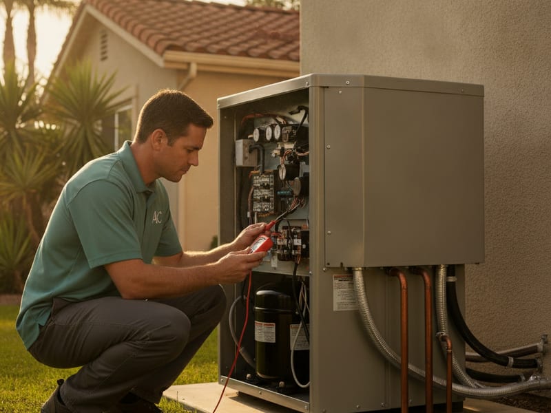 HVAC technician diagnosing a heat pump compressor fault on an outdoor unit at a San Diego County home