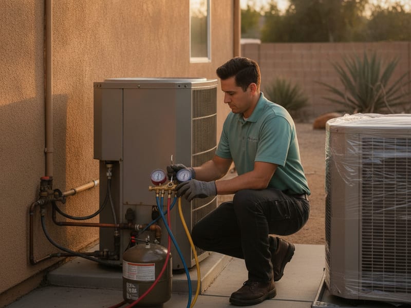 HVAC crew removing an old heat pump condenser unit beside a San Diego County home before installing a new system