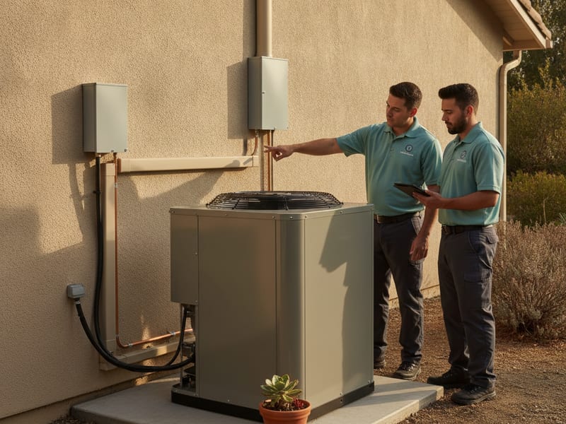 Hybrid dual-fuel system installation showing outdoor heat pump condenser and indoor gas furnace air handler at a San Diego County home