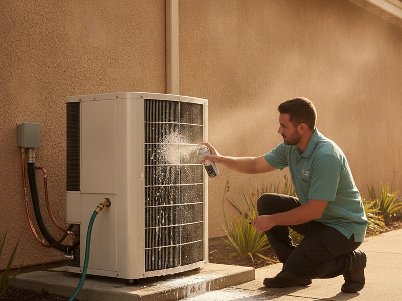 HVAC technician cleaning outdoor heat pump condenser coils at a San Diego County residential property during annual maintenance