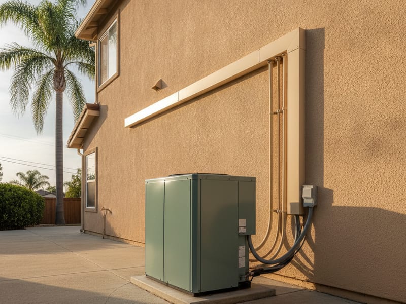 Multi-zone heat pump installation showing outdoor condenser unit with multiple refrigerant line sets running to indoor heads at a San Diego County home