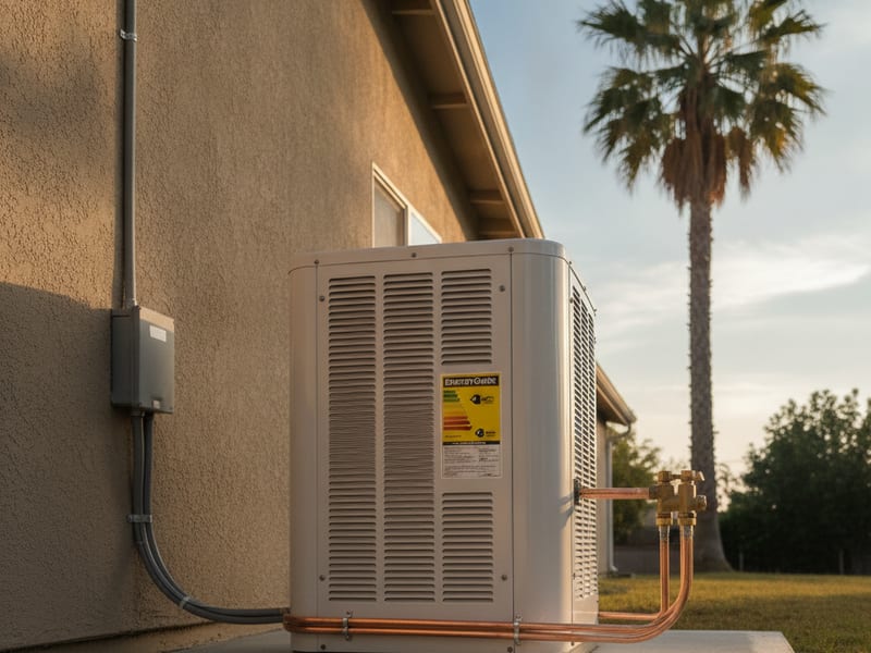 High-efficiency heat pump condenser with SEER2 rating label being installed at a San Diego County home