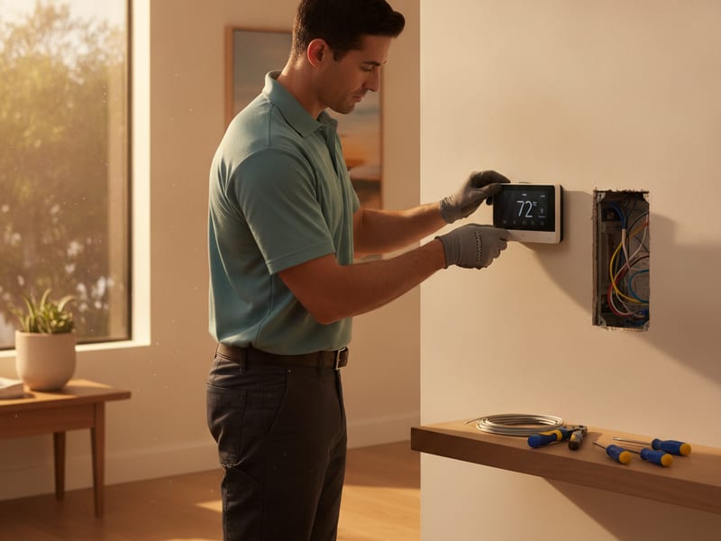 Homeowner pressing the reset button on a smart thermostat to clear a heat pump error code